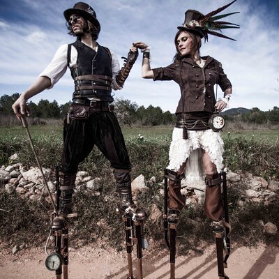 impressive retro futuristic steampunk stilt walkers for hire in mallorca